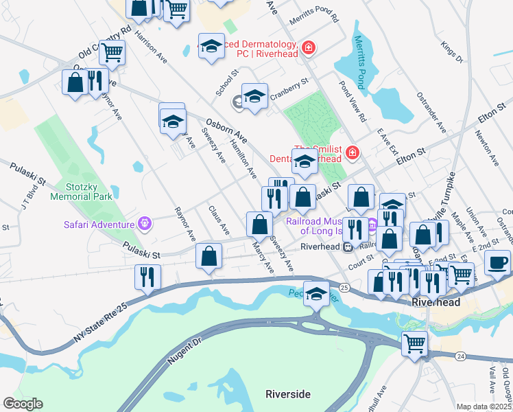 map of restaurants, bars, coffee shops, grocery stores, and more near 338 Sweezy Avenue in Riverhead
