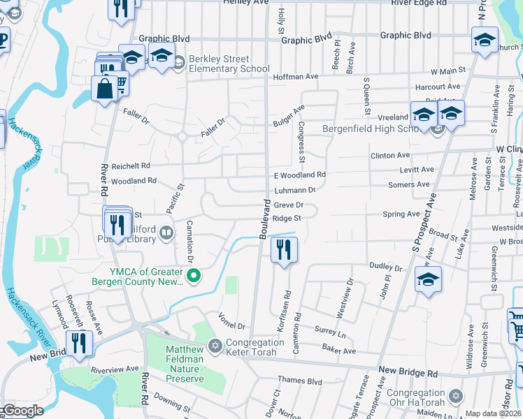 map of restaurants, bars, coffee shops, grocery stores, and more near 1006 The Boulevard in New Milford