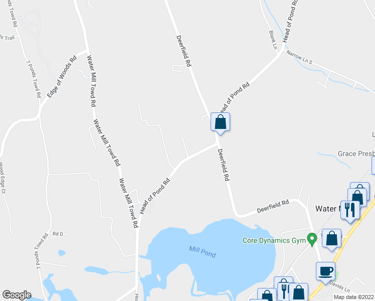 map of restaurants, bars, coffee shops, grocery stores, and more near 628 Head of Pond Road in Water Mill