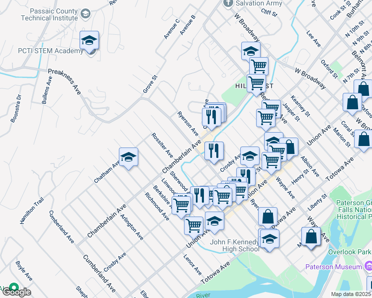 map of restaurants, bars, coffee shops, grocery stores, and more near 265 Chamberlain Avenue in Paterson