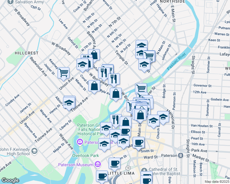 map of restaurants, bars, coffee shops, grocery stores, and more near 63 Ryle Avenue in Paterson