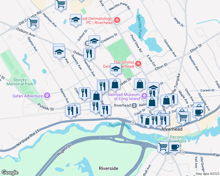 map of restaurants, bars, coffee shops, grocery stores, and more near 393 Pulaski Street in Riverhead