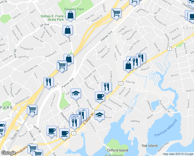 map of restaurants, bars, coffee shops, grocery stores, and more near 43 Belmont Avenue in New Rochelle