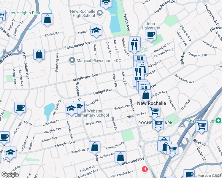 map of restaurants, bars, coffee shops, grocery stores, and more near 119 Coligni Avenue in New Rochelle