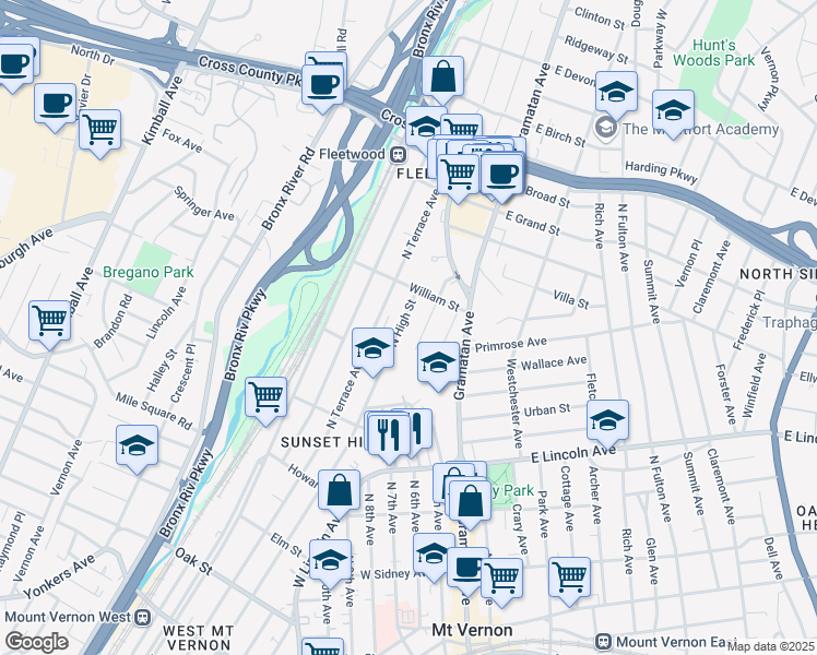 map of restaurants, bars, coffee shops, grocery stores, and more near 27 Linden Avenue in Mount Vernon