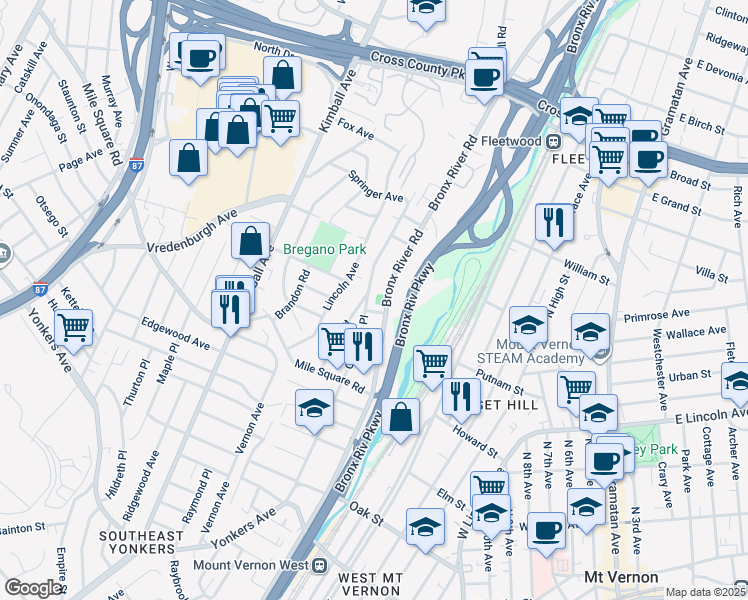 map of restaurants, bars, coffee shops, grocery stores, and more near 176 Crescent Place in Yonkers