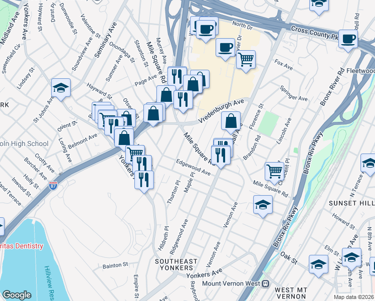map of restaurants, bars, coffee shops, grocery stores, and more near 87 Thurton Place in Yonkers