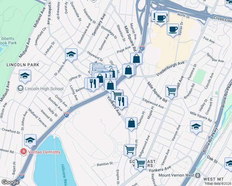 map of restaurants, bars, coffee shops, grocery stores, and more near 17 Huber Place in Yonkers