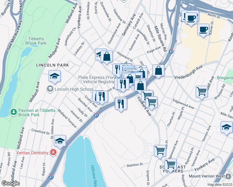 map of restaurants, bars, coffee shops, grocery stores, and more near 19 Clark Street in Yonkers