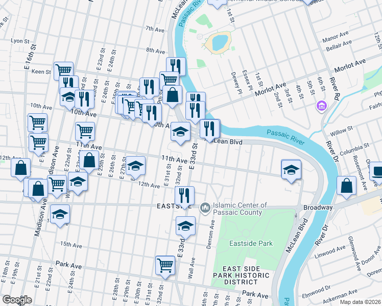 map of restaurants, bars, coffee shops, grocery stores, and more near 589 11th Avenue in Paterson