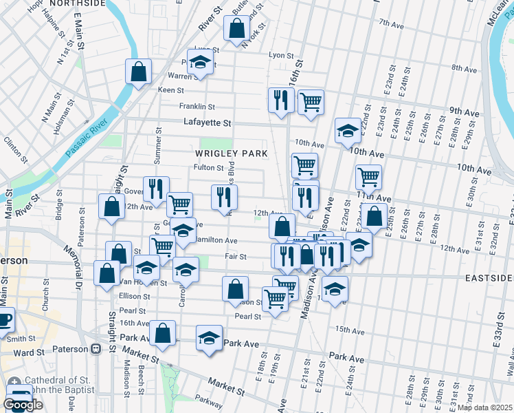 map of restaurants, bars, coffee shops, grocery stores, and more near 191 12th Avenue in Paterson