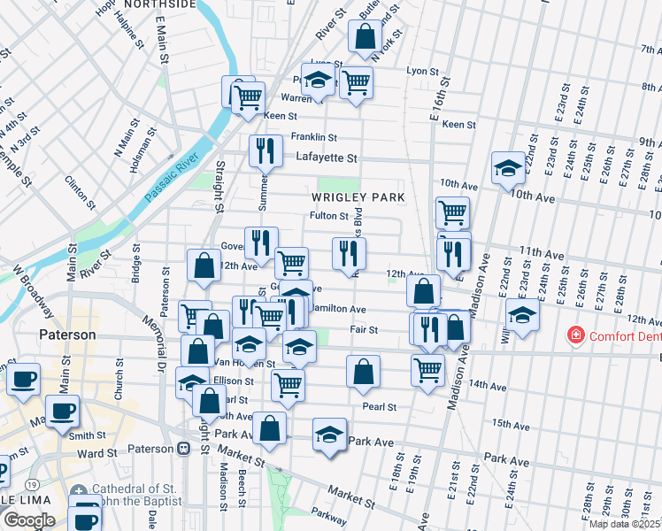 map of restaurants, bars, coffee shops, grocery stores, and more near 129 12th Avenue in Paterson