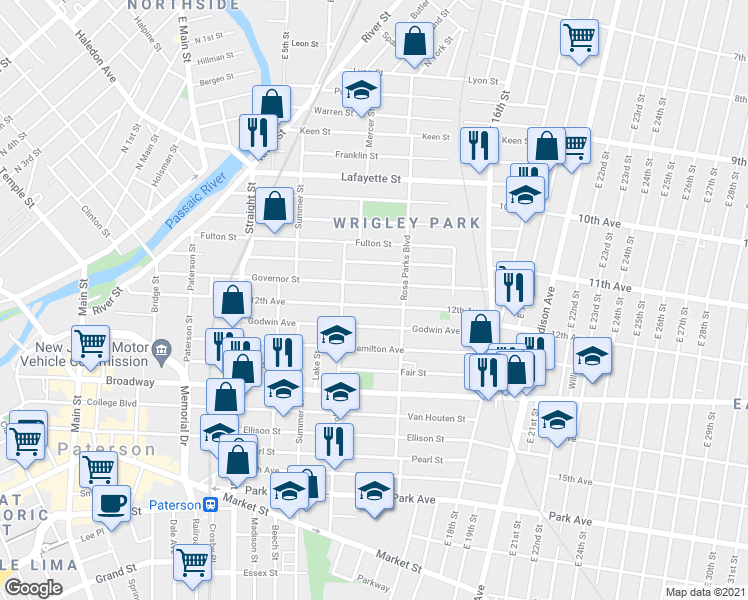 map of restaurants, bars, coffee shops, grocery stores, and more near 129 12th Avenue in Paterson