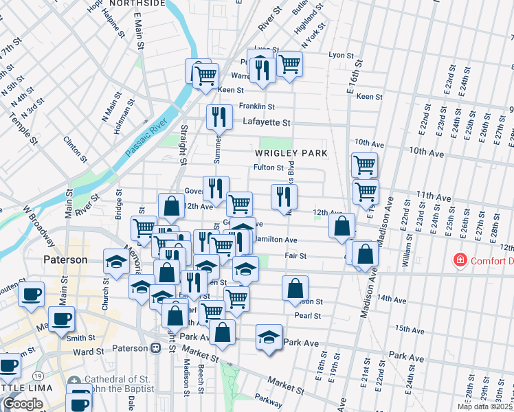 map of restaurants, bars, coffee shops, grocery stores, and more near 99 12th Avenue in Paterson