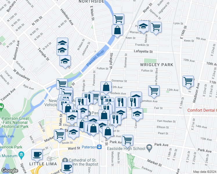 map of restaurants, bars, coffee shops, grocery stores, and more near 107 Straight Street in Paterson