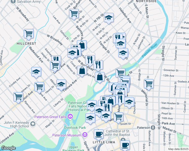 map of restaurants, bars, coffee shops, grocery stores, and more near 30 Ryle Avenue in Paterson