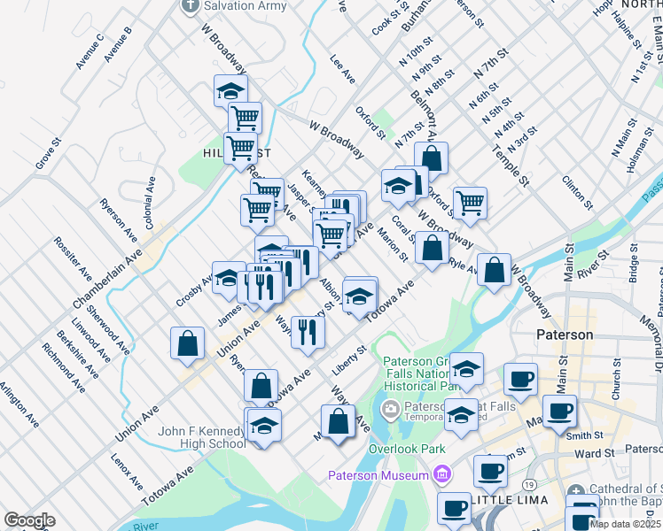 map of restaurants, bars, coffee shops, grocery stores, and more near 63 Redwood Avenue in Paterson