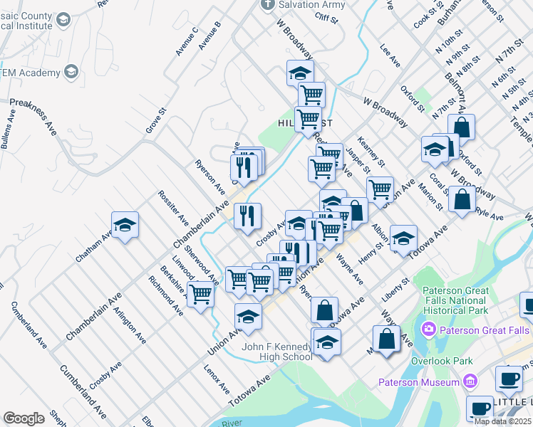 map of restaurants, bars, coffee shops, grocery stores, and more near 271 Paterson Avenue in Paterson