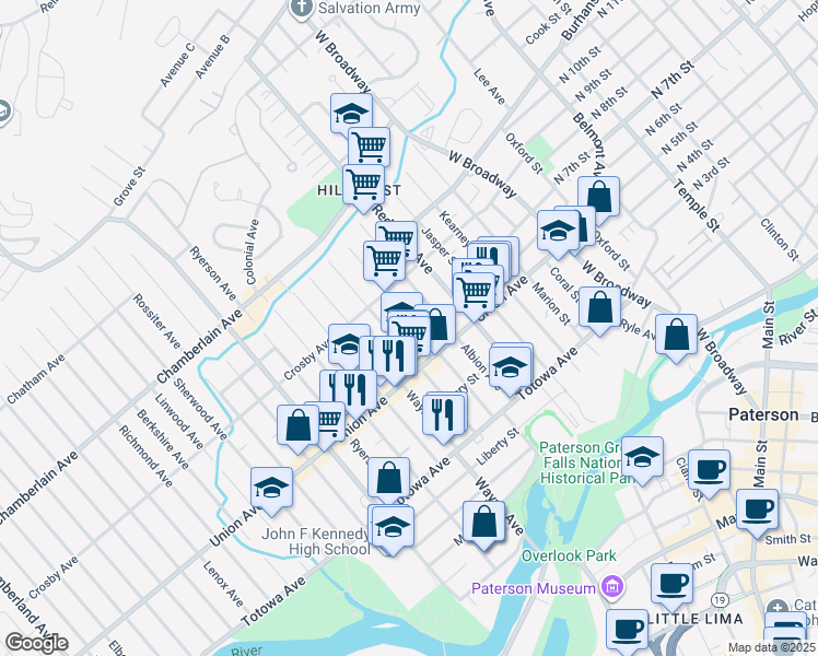 map of restaurants, bars, coffee shops, grocery stores, and more near 105 Sheridan Avenue in Paterson