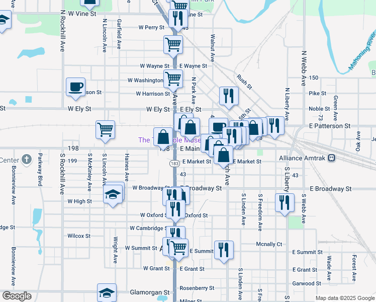 map of restaurants, bars, coffee shops, grocery stores, and more near 49 East Main Street in Alliance