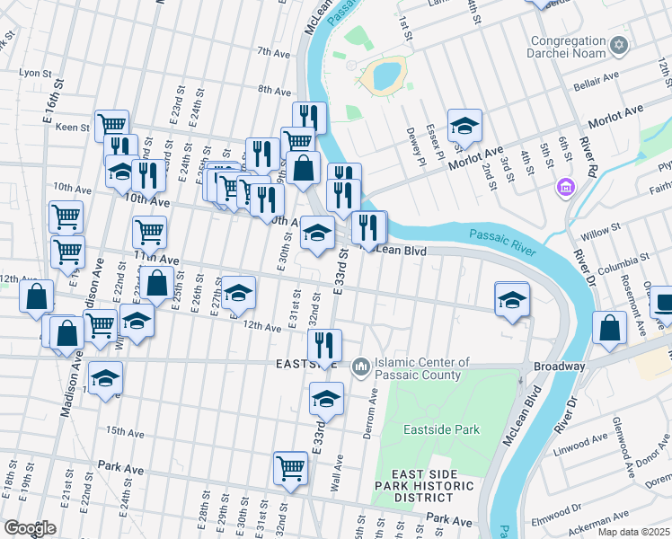 map of restaurants, bars, coffee shops, grocery stores, and more near 589 11th Avenue in Paterson