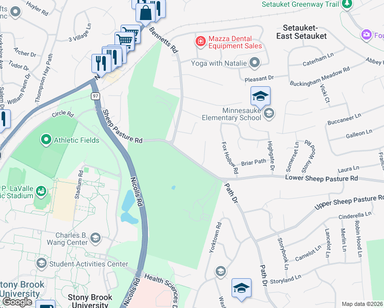 map of restaurants, bars, coffee shops, grocery stores, and more near 127 Lower Sheep Pasture Road in Setauket- East Setauket