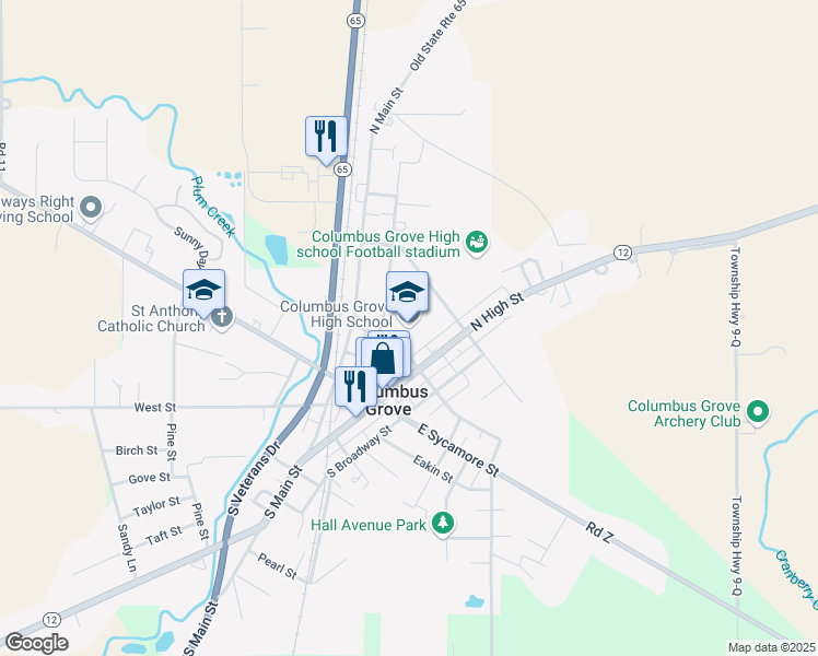 map of restaurants, bars, coffee shops, grocery stores, and more near 201 West Cross Street in Columbus Grove