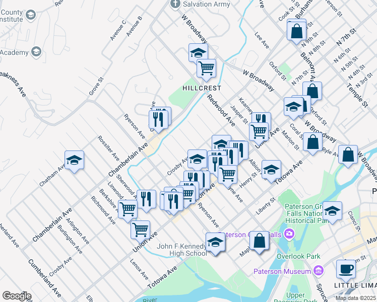map of restaurants, bars, coffee shops, grocery stores, and more near 152 Manchester Avenue in Paterson