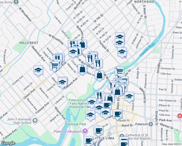 map of restaurants, bars, coffee shops, grocery stores, and more near 27 Ryle Avenue in Paterson