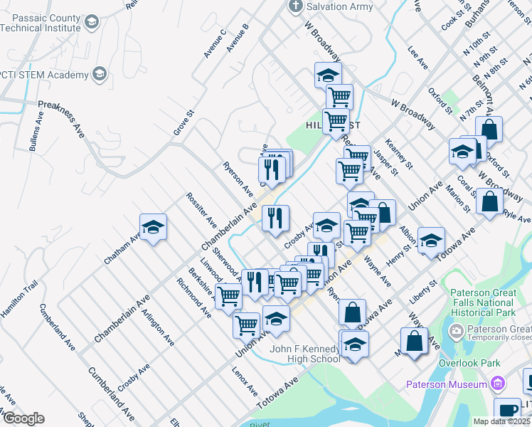 map of restaurants, bars, coffee shops, grocery stores, and more near 193 Ryerson Avenue in Paterson
