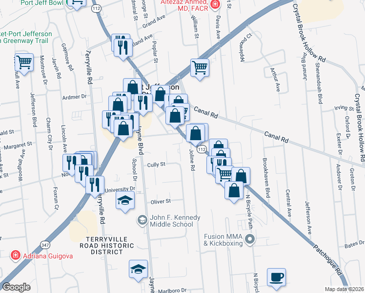 map of restaurants, bars, coffee shops, grocery stores, and more near 18 Scranton Road in Port Jefferson Station