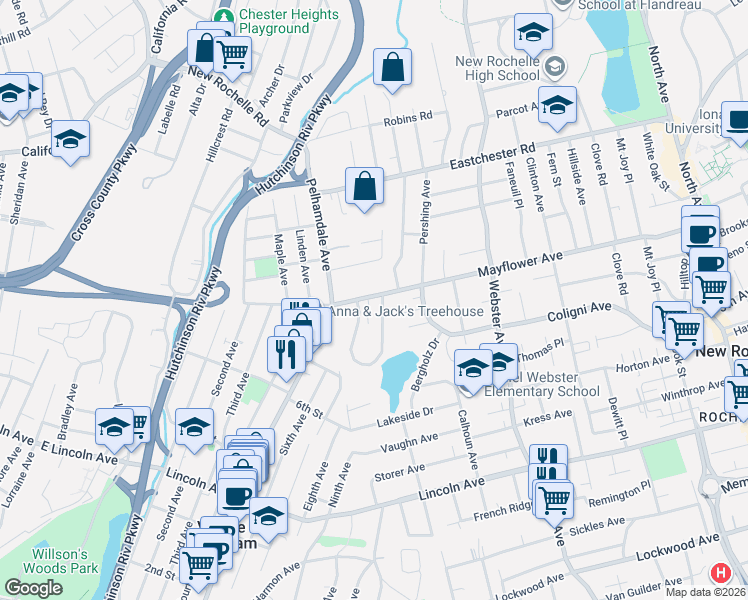 map of restaurants, bars, coffee shops, grocery stores, and more near 10 Gloucester Place in New Rochelle