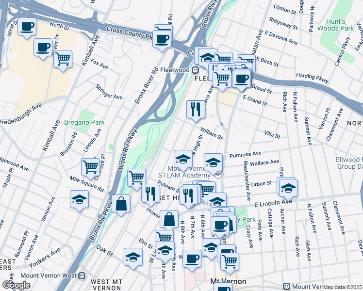 map of restaurants, bars, coffee shops, grocery stores, and more near 517 North Terrace Avenue in Mount Vernon