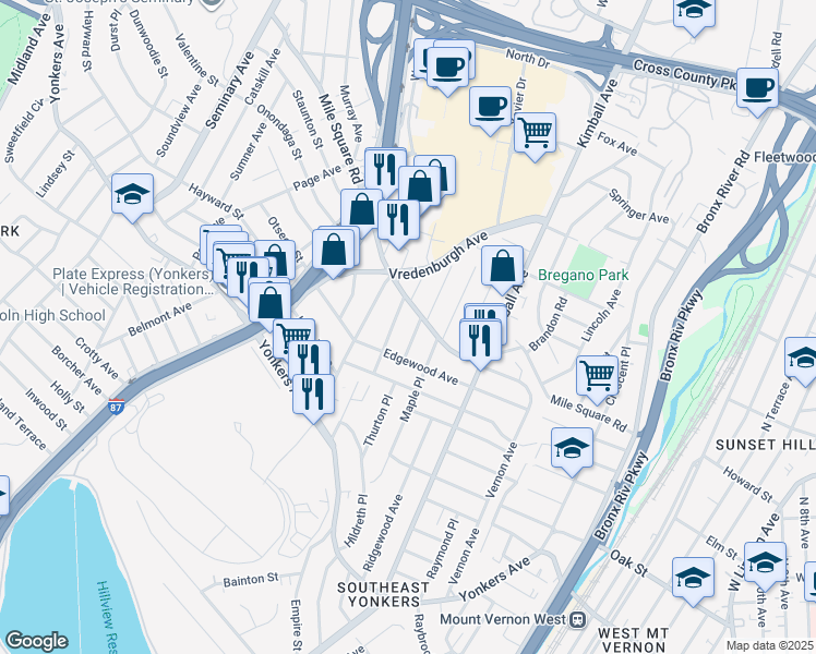 map of restaurants, bars, coffee shops, grocery stores, and more near 87 Thurton Place in Yonkers