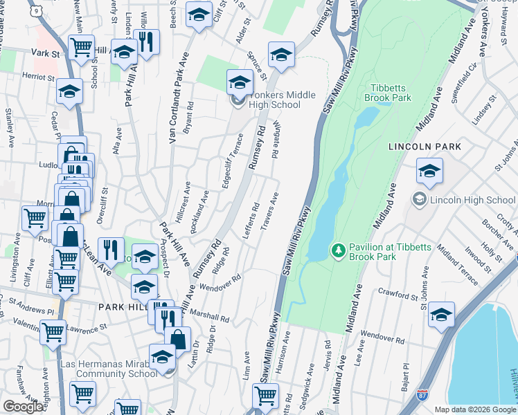 map of restaurants, bars, coffee shops, grocery stores, and more near 89 Quentin Charlton Terrace in Yonkers