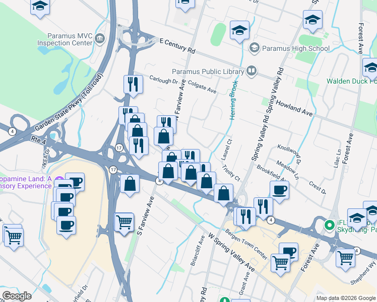 map of restaurants, bars, coffee shops, grocery stores, and more near 77 Prospect Street in Paramus