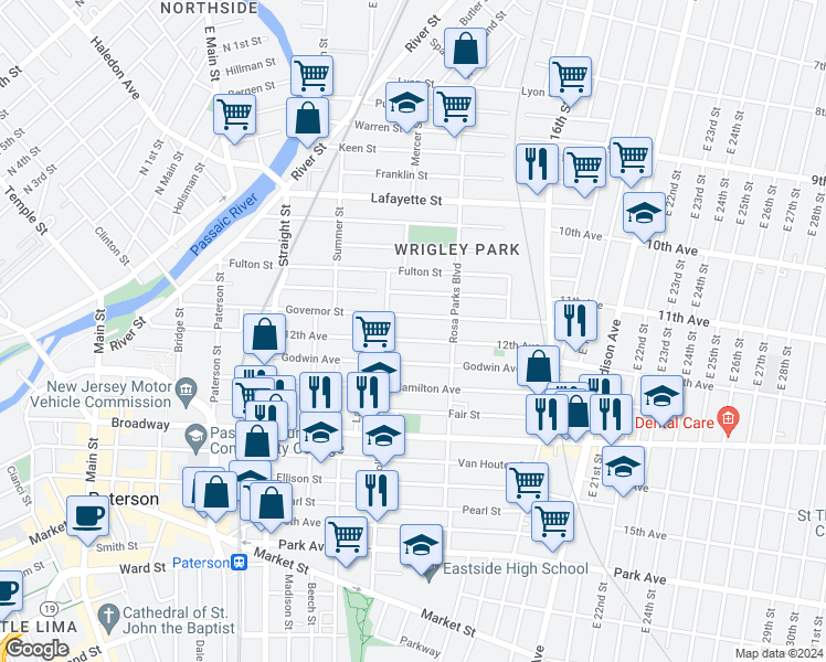 map of restaurants, bars, coffee shops, grocery stores, and more near 129 12th Avenue in Paterson