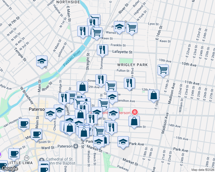 map of restaurants, bars, coffee shops, grocery stores, and more near 56 12th Avenue in Paterson