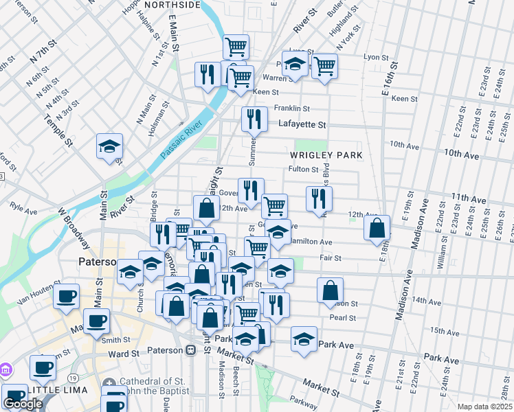 map of restaurants, bars, coffee shops, grocery stores, and more near 56 12th Avenue in Paterson