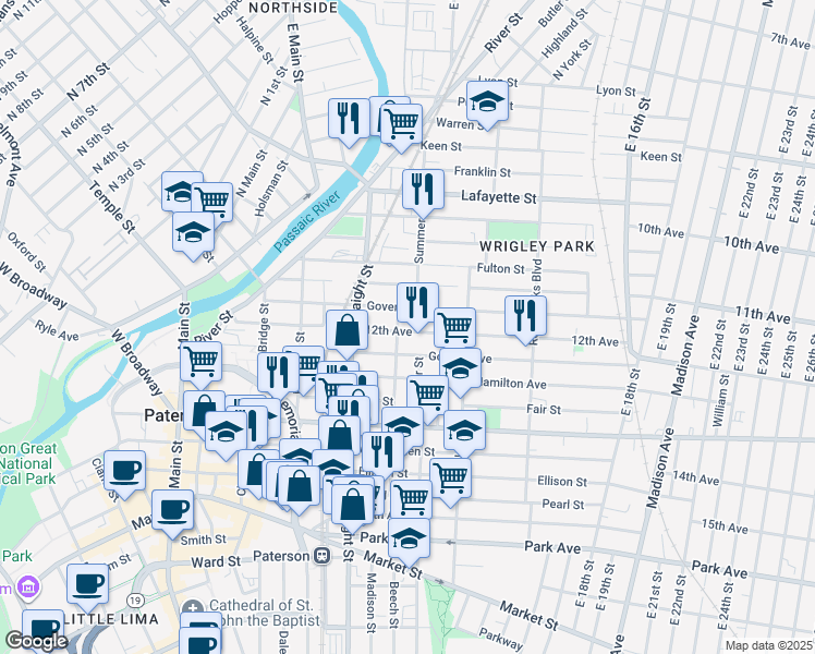 map of restaurants, bars, coffee shops, grocery stores, and more near 24 12th Avenue in Paterson