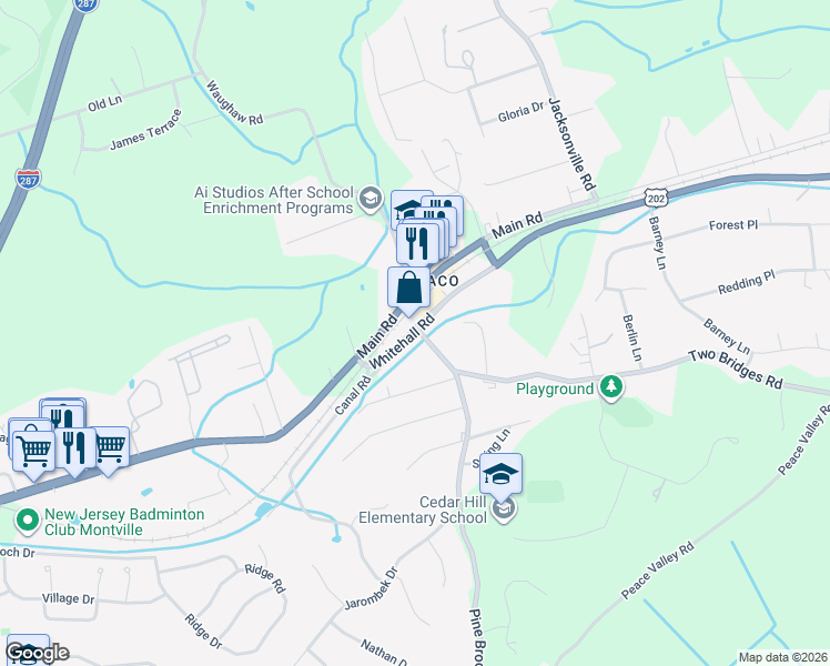 map of restaurants, bars, coffee shops, grocery stores, and more near 5 Whitehall Road in Montville