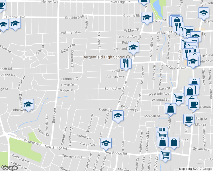 map of restaurants, bars, coffee shops, grocery stores, and more near 55 Spring Avenue in Bergenfield