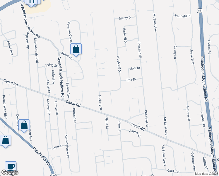 map of restaurants, bars, coffee shops, grocery stores, and more near 8 Westcliff Drive in Mount Sinai