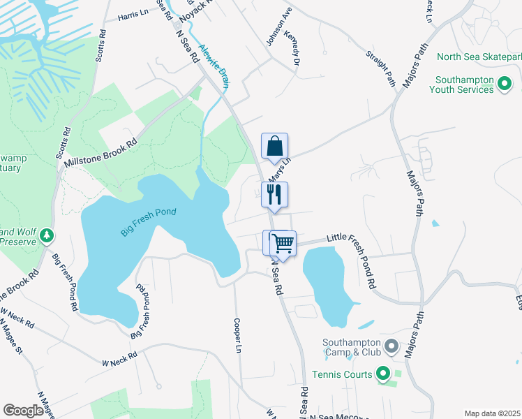 map of restaurants, bars, coffee shops, grocery stores, and more near 1375 North Sea Road in Southampton