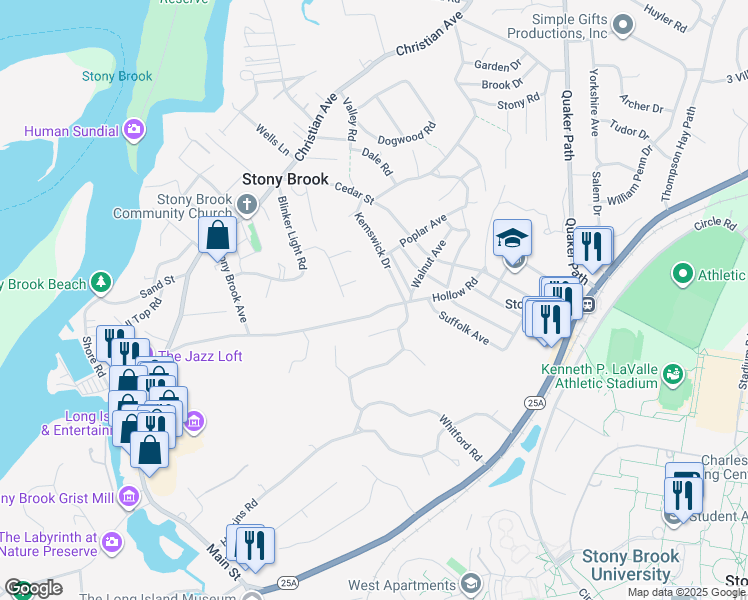 map of restaurants, bars, coffee shops, grocery stores, and more near 31 Hollow Road in Stony Brook