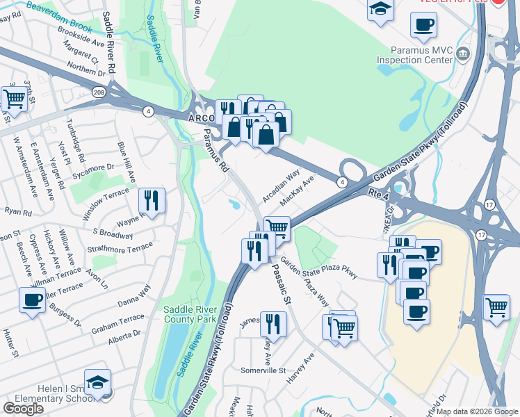 map of restaurants, bars, coffee shops, grocery stores, and more near 74 Paramus Road in Paramus