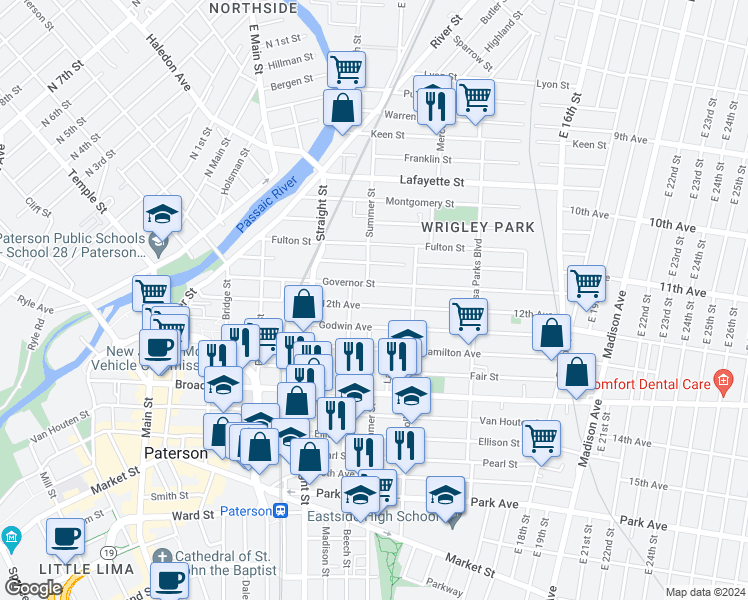 map of restaurants, bars, coffee shops, grocery stores, and more near 51 12th Avenue in Paterson