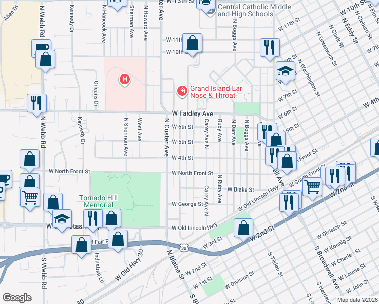 map of restaurants, bars, coffee shops, grocery stores, and more near 403 North Grace Avenue in Grand Island