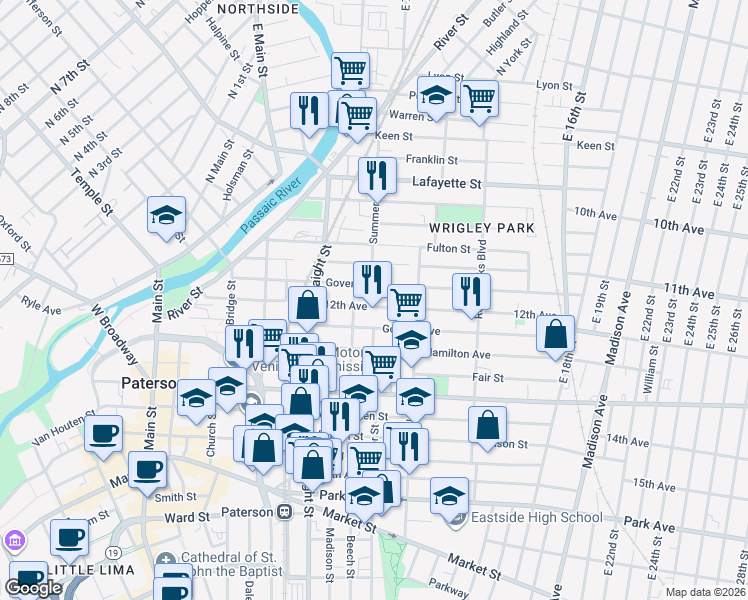 map of restaurants, bars, coffee shops, grocery stores, and more near 56 12th Avenue in Paterson