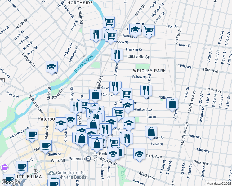 map of restaurants, bars, coffee shops, grocery stores, and more near 47 12th Avenue in Paterson